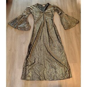 One Of A Kind Handmade Retro Disco 70s-Style Gold Sequin Dress Bell Sleeves Sz M